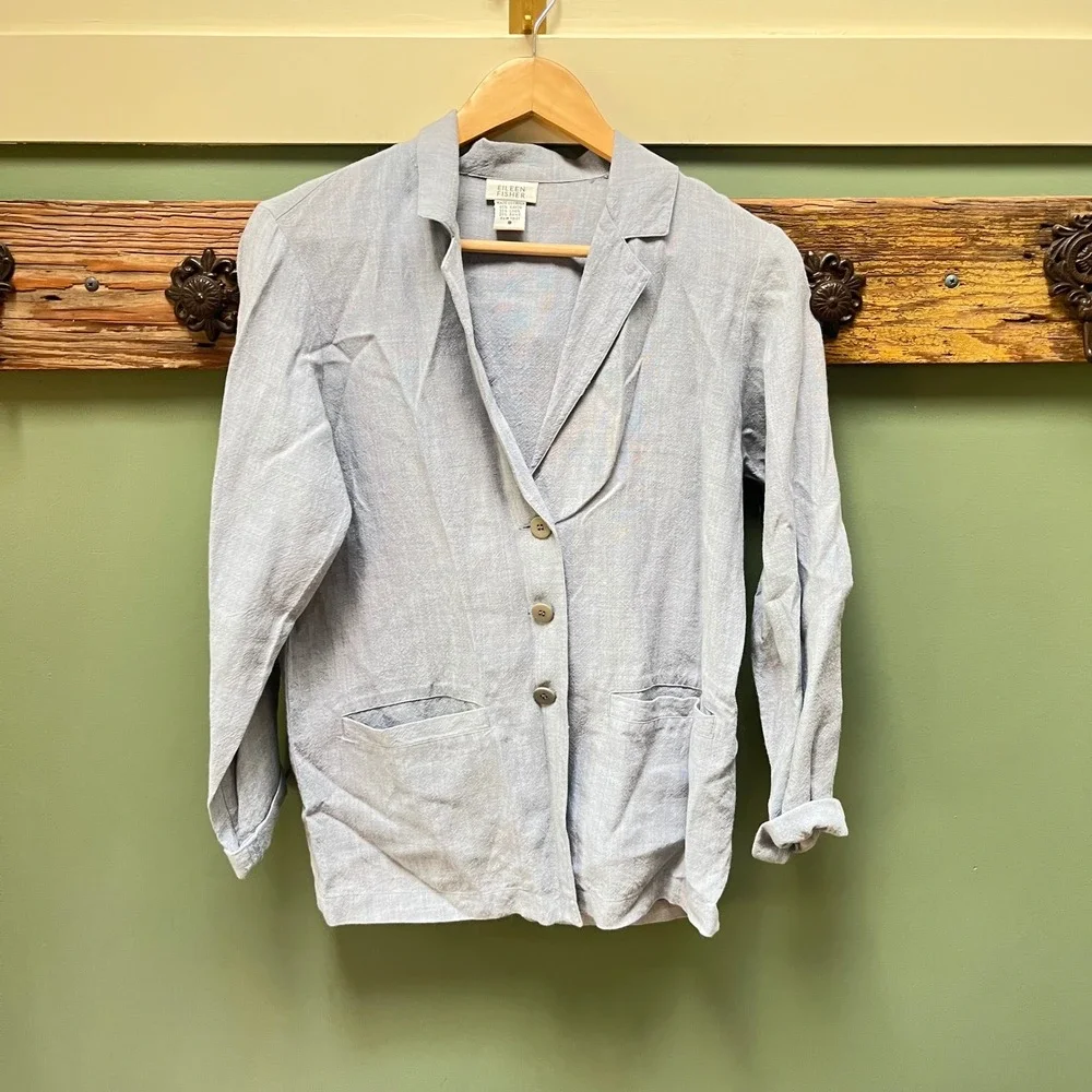 Eileen Fisher Blue Grey Linen Blend Button Front Relaxed Blazer Jacket Small